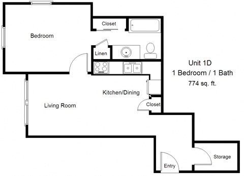 Floor plan for 1 bed, 1 bath, 774 sqft